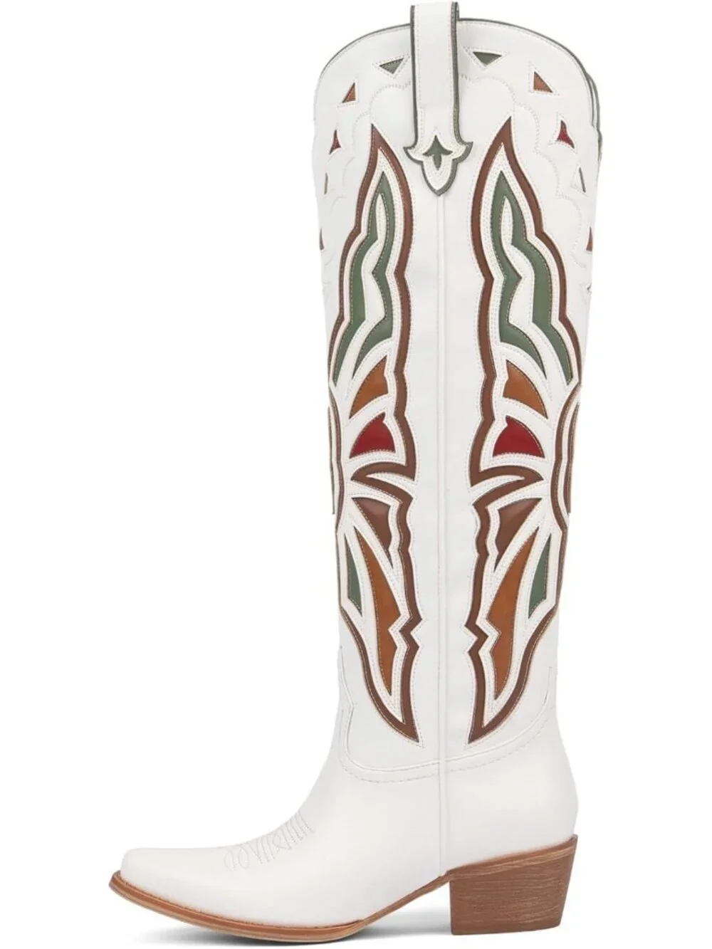 Women's White Cowboy Knee High Chunky Heel Butterfly Cowgirl Boots Wide Calf